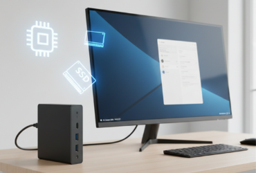 Kleine zwarte mini‑pc naast een monitor en toetsenbord op een bureau, illustratie bij koopgids over een mini‑pc kopen via AliExpress in 2026.