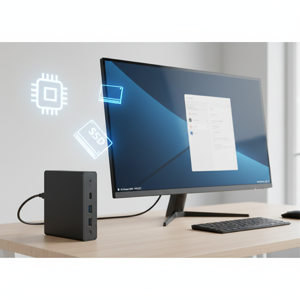 Kleine zwarte mini‑pc naast een monitor en toetsenbord op een bureau, illustratie bij koopgids over een mini‑pc kopen via AliExpress in 2026.