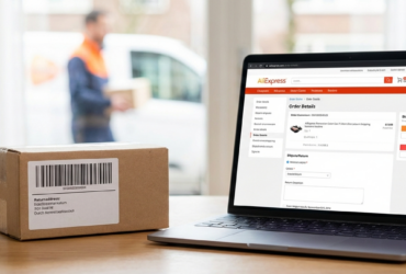 Pakket met retourlabel naast een laptop met een AliExpress‑orderpagina, illustratie bij gids over een bestelling retour sturen vanuit Nederland in 2026.