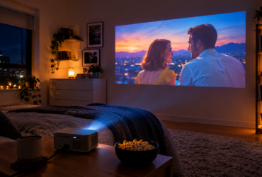 Compacte mini beamer projecteert een film op de slaapkamermuur