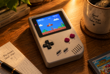Retro handheld game console met pixel art game op het scherm